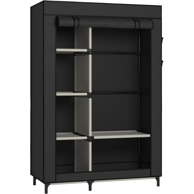 Canvas Wardrobe Portable Closet Wardrobe Clothes Storage With 6 Shelves And Hanging Rail Non Woven Fabric Quick And Easy Assembly Black